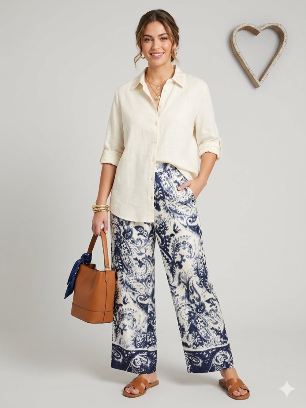 Elie Tahari Blue White Paisley Print Wide Leg Pants Coastal Boho Cottagecore SM